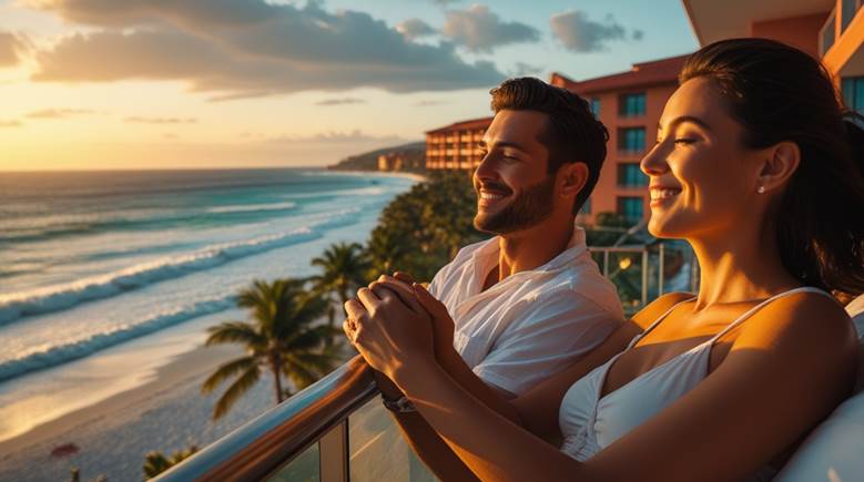 Couple enjoying a sunset view from a beachfront hotel balcony.