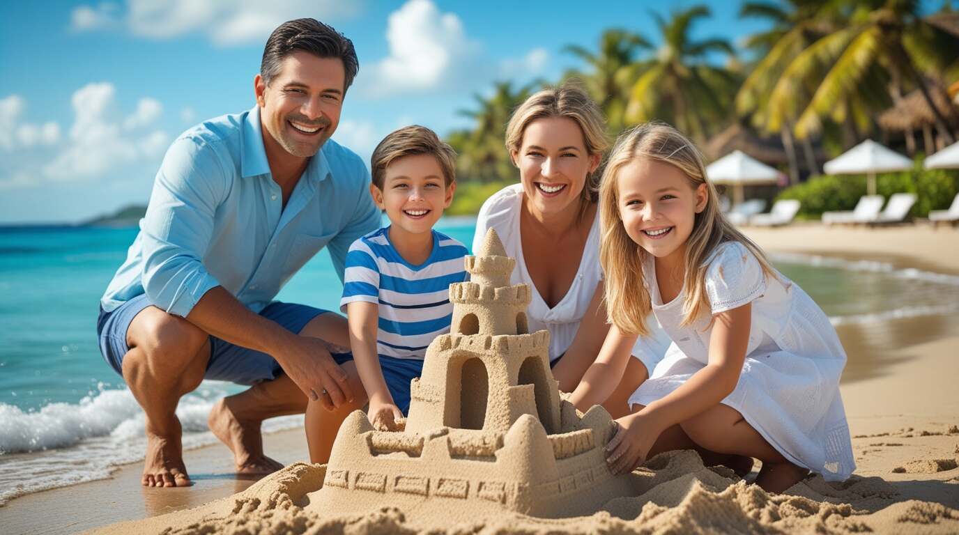 Family building sandcastles on a tropical beach in Costa Rica.